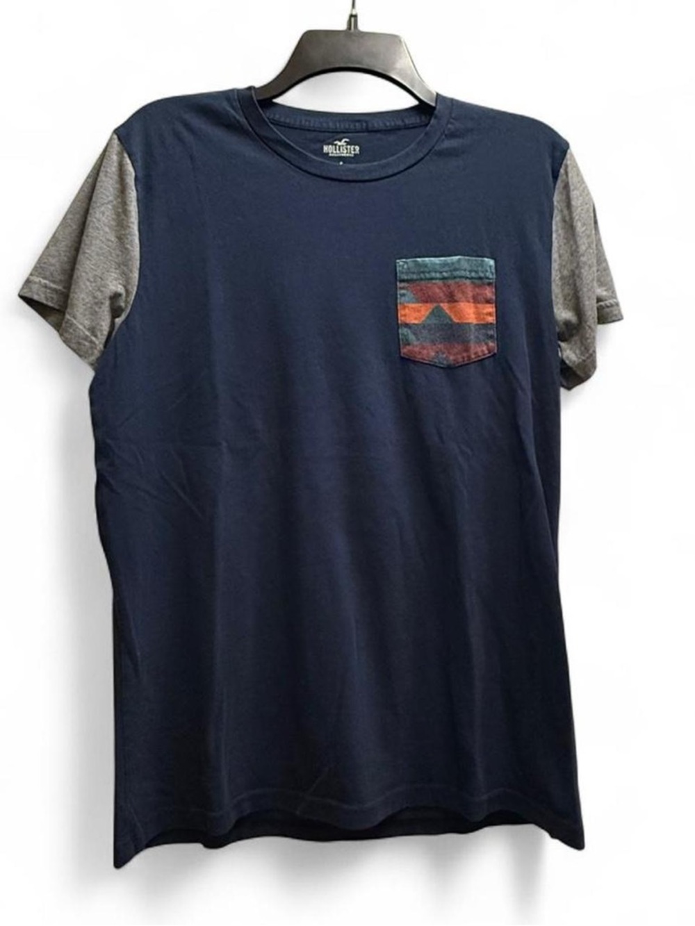 Hollister Navy Tee with Gray Sleeves and Striped Pocket